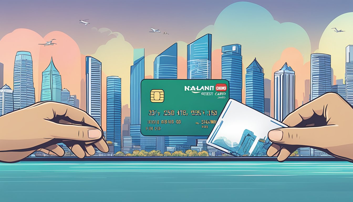 A hand holding a Miles credit card against a Singapore skyline backdrop
