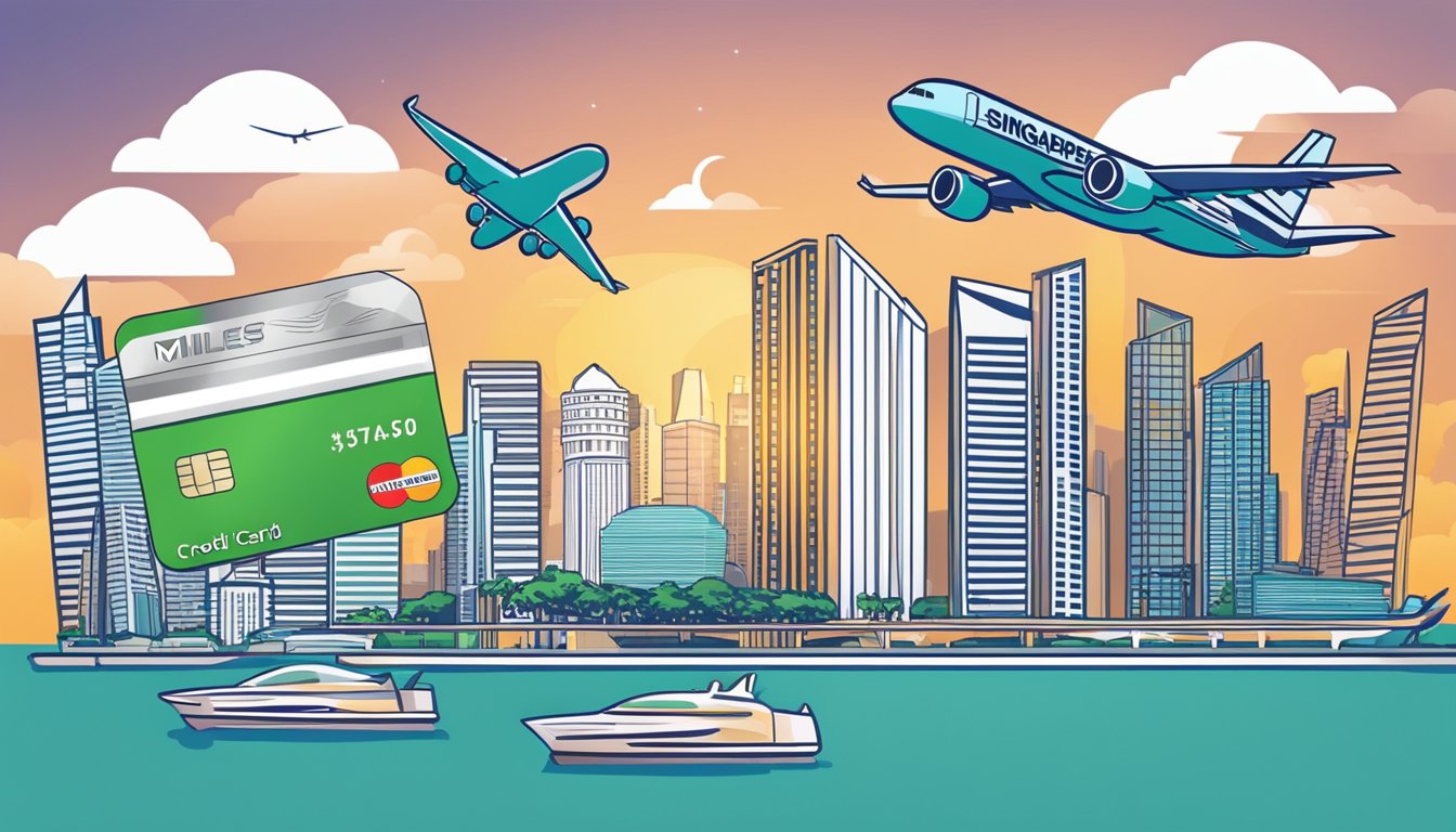A Singapore skyline with a prominent credit card and airplane flying, symbolizing the benefits of miles credit cards for travel
