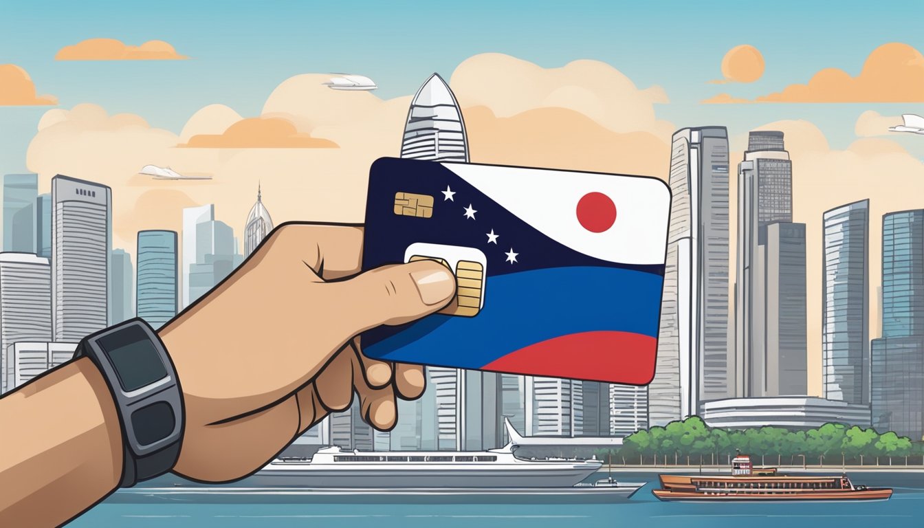 A hand holding a Singaporean flag while swiping a miles credit card with iconic landmarks in the background