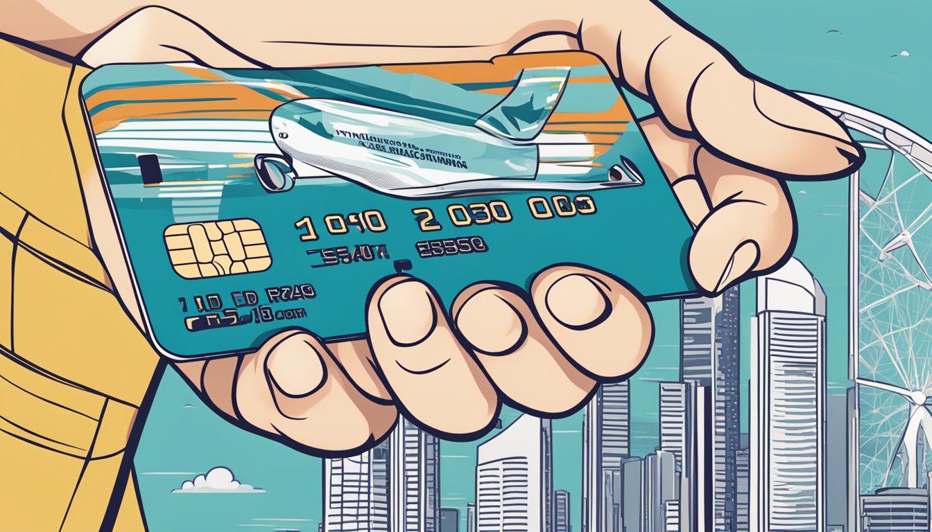 A hand holding a credit card with "Maximising Your Miles" written on it, against a backdrop of iconic Singapore landmarks like the Marina Bay Sands and the Singapore Flyer