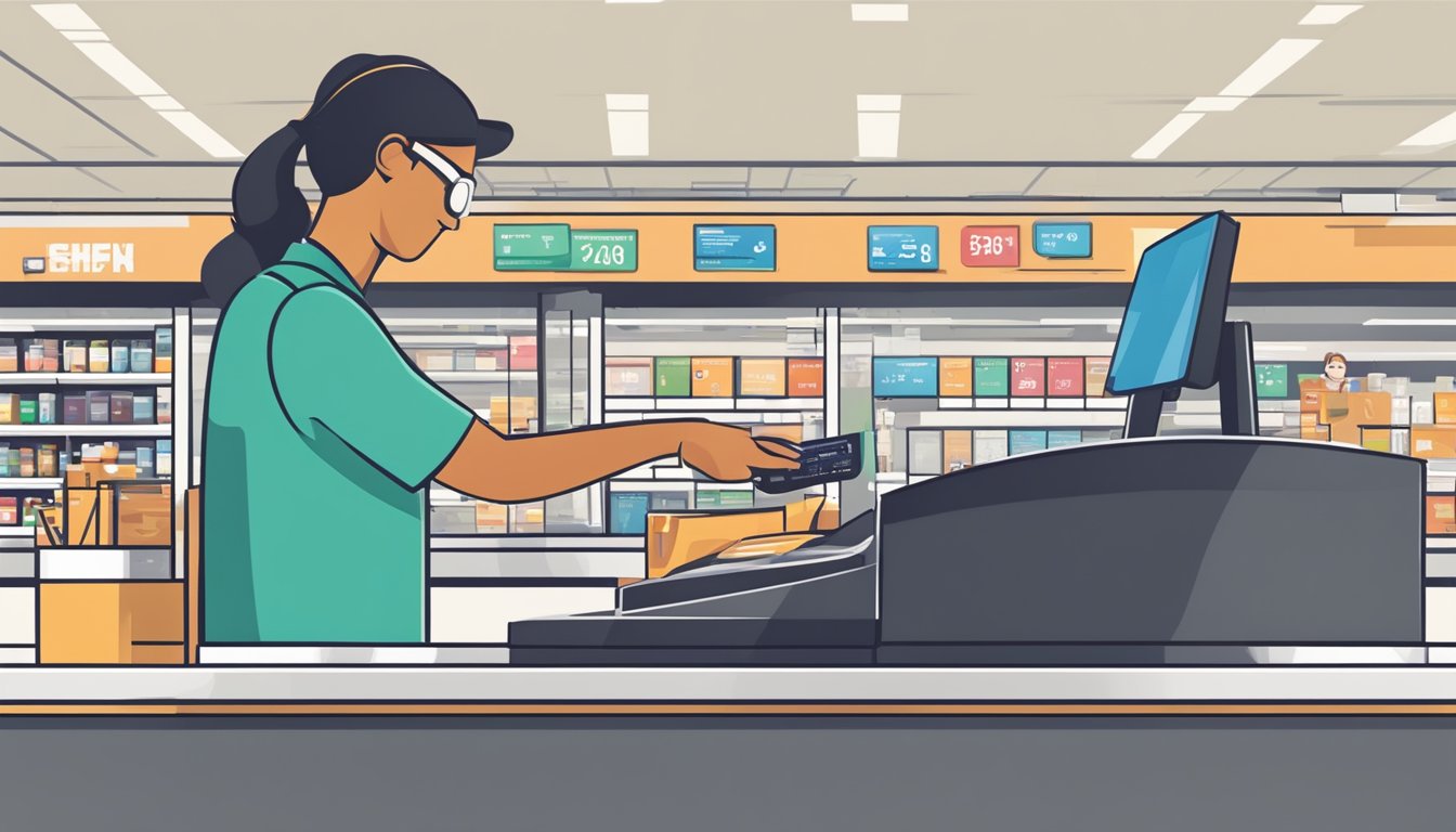 A person swiping a credit card at a checkout counter with a visible display of the miles earned and the associated costs