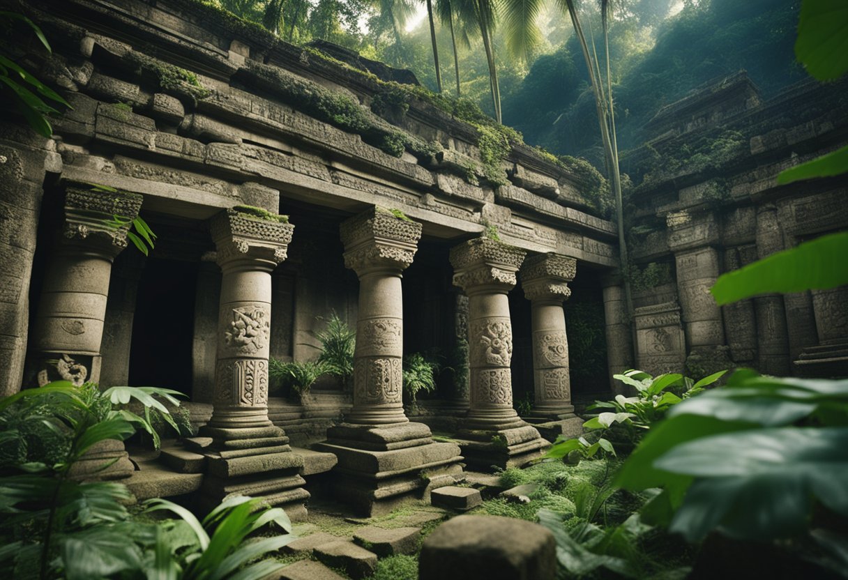 The Lost Kingdoms of Africa and Their Histories: Unveiling Ancient Civilisations - Ancient ruins stand amidst lush jungle, with intricate carvings and symbols adorning the weathered stone walls. A sense of mystery and history permeates the scene