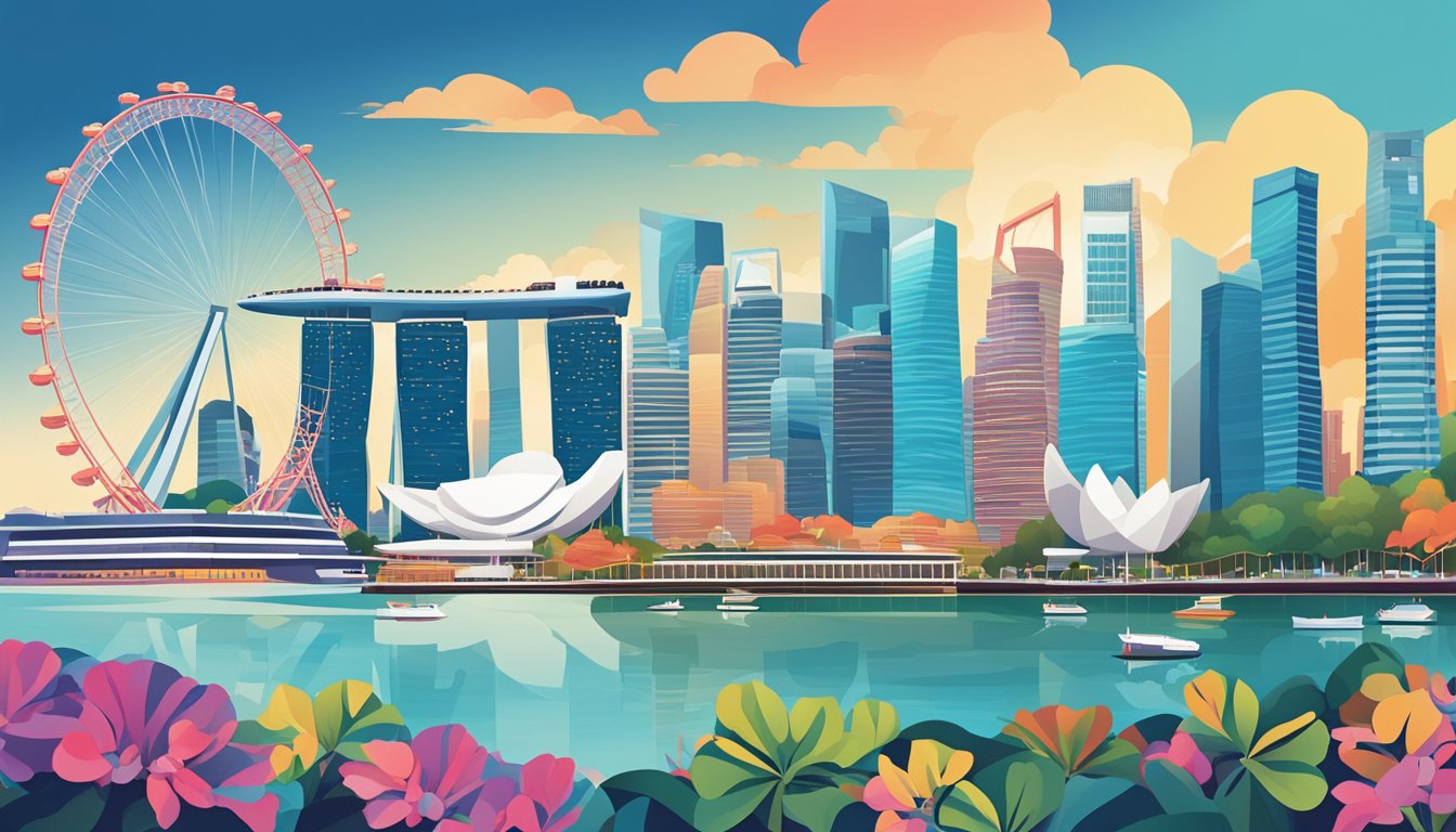 A bustling cityscape with iconic landmarks like the Marina Bay Sands and the Singapore Flyer, showcasing the vibrant contrast between modernity and tradition