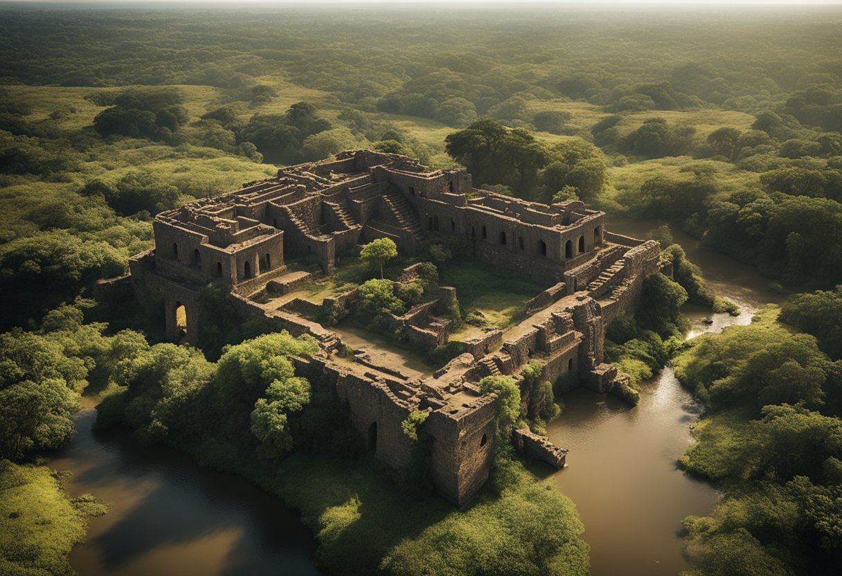 The Lost Kingdoms of Africa and Their Histories: Unveiling Ancient Civilisations - Aerial view of ancient African ruins surrounded by lush vegetation and flowing rivers, with the sun casting long shadows across the landscape