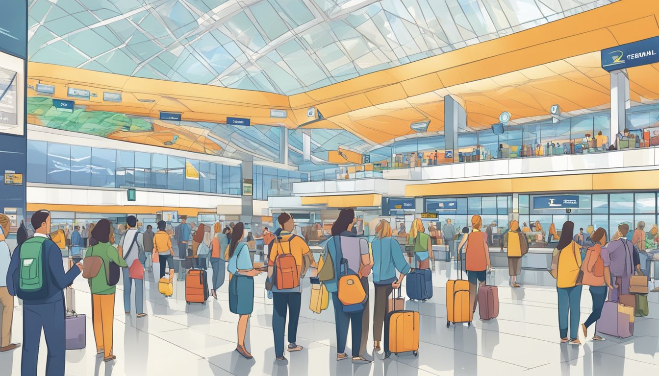 A bustling airport terminal with travelers browsing through credit card brochures, comparing lifestyle and travel miles rewards against cash back offers