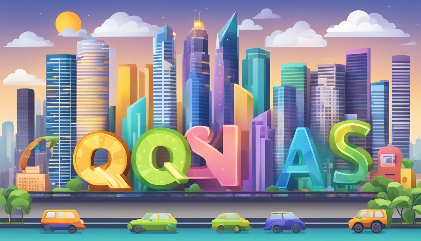 A colorful sign with "Frequently Asked Questions" in bold letters, surrounded by icons of miles and cash back, against a backdrop of the Singapore skyline