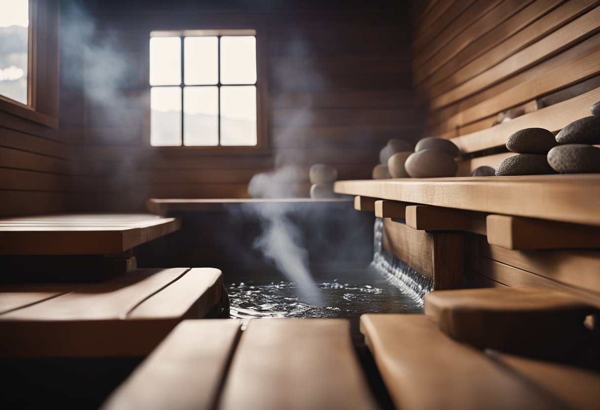 The Tradition of Saunas and Bathhouses: Global Rituals Explored - A traditional sauna with wooden benches, hot stones, and a bucket of water. Steam rises from the rocks as a wooden ladle rests on the edge
