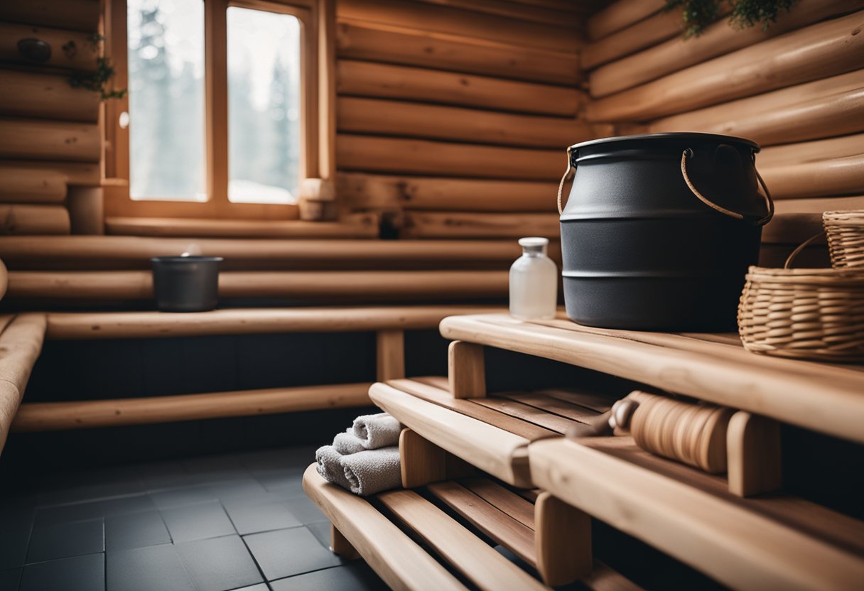 The Tradition of Saunas and Bathhouses: Global Rituals Explored - A traditional sauna with wooden benches, stone walls, and a wood-burning stove. A bucket of water and ladle sit nearby, with towels and a birch whisk hanging on the wall