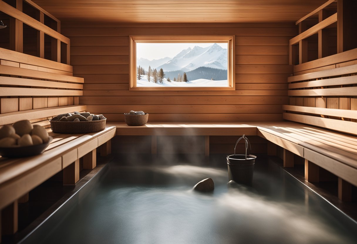 The Tradition of Saunas and Bathhouses: Global Rituals Explored - A wooden sauna room with hot stones, steam rising, and a bucket of water and ladle. A cold plunge pool and relaxing area with benches and towels