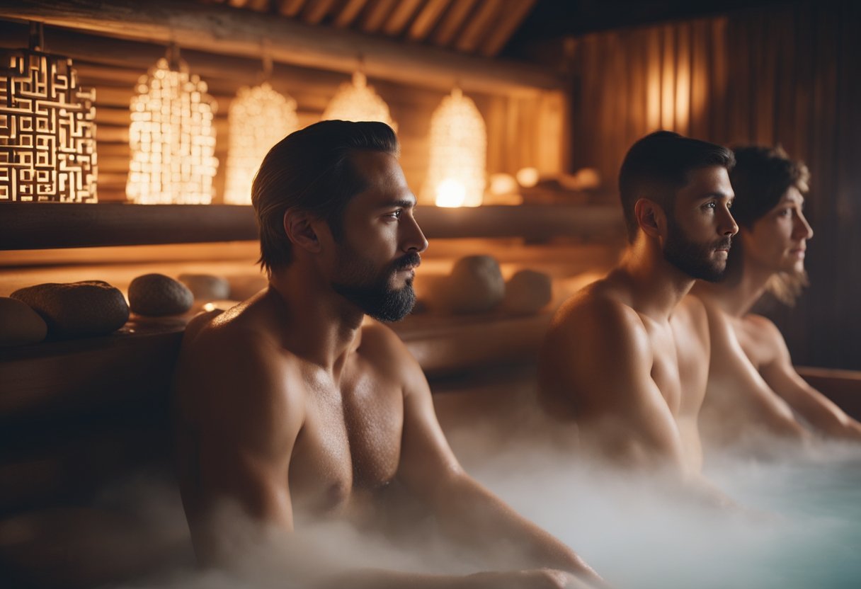 The Tradition of Saunas and Bathhouses: Global Rituals Explored - People from different cultures gather in saunas and bathhouses, sharing stories and relaxing together. Steam rises from hot stones, creating a cozy and communal atmosphere