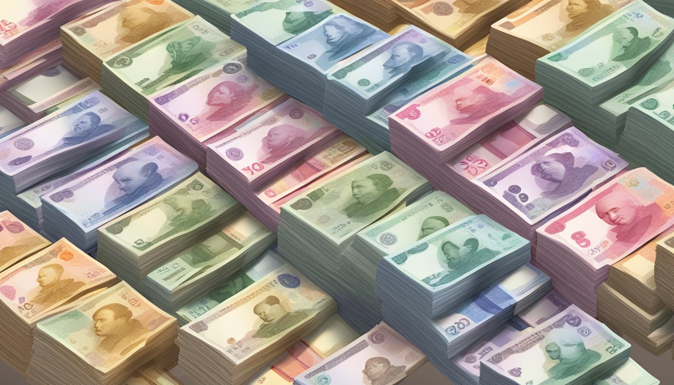 A stack of Singaporean currency notes on a plain background