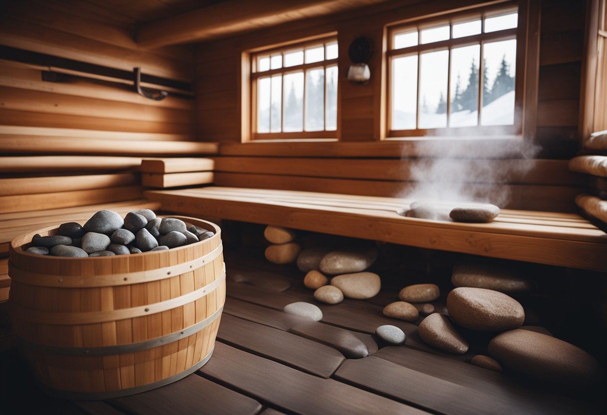 A traditional sauna with wooden benches, rocks, and a bucket of water. Steam rises from the rocks, creating a warm and relaxing atmosphere