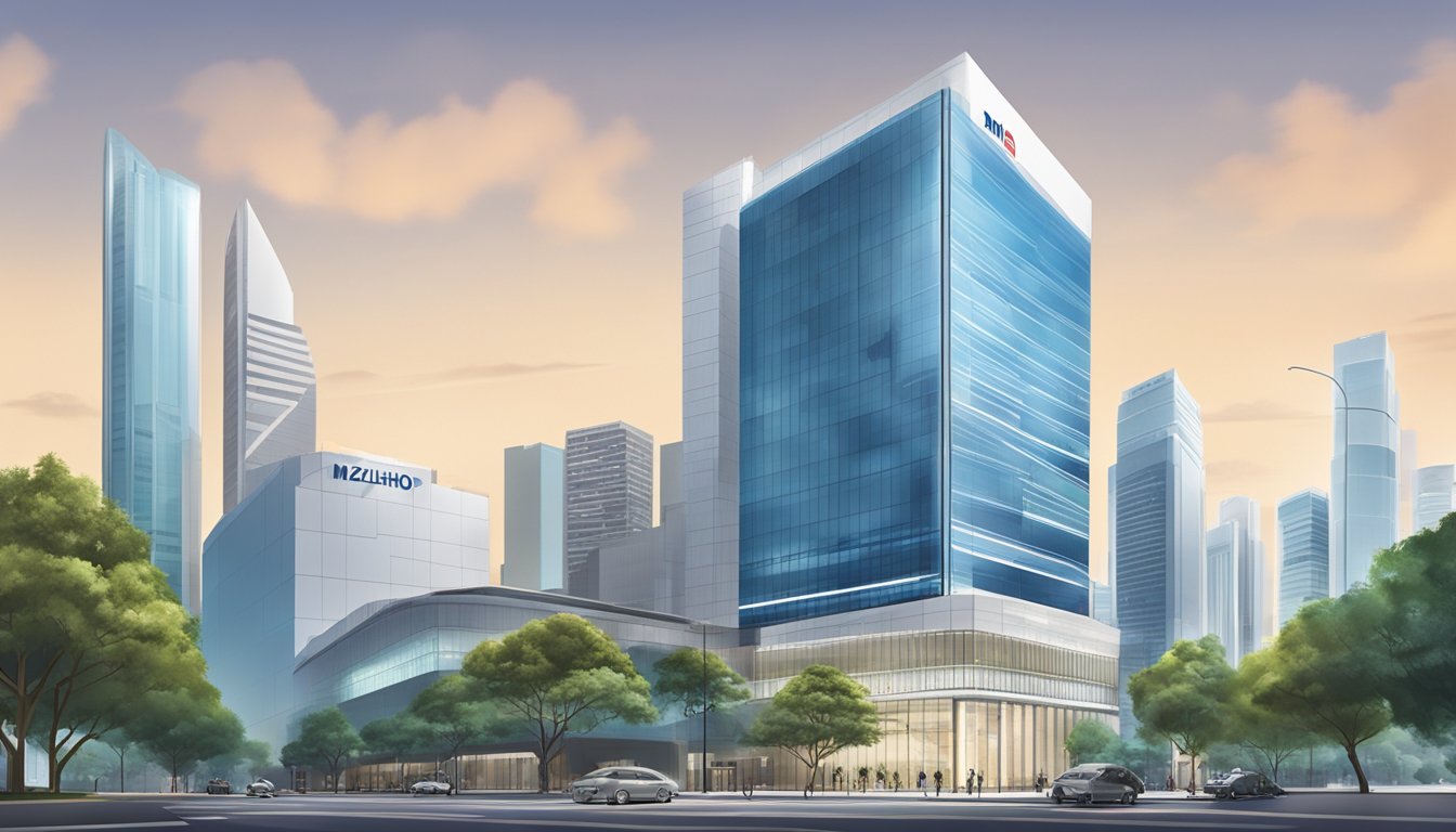 The Mizuho Bank building in Singapore, with its sleek modern architecture and prominent logo, stands tall amidst the bustling cityscape