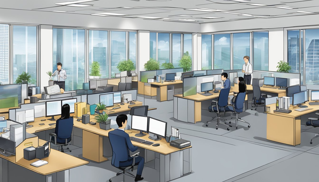 The bustling office of Mizuho Bank, Singapore, with employees collaborating on strategic business operations