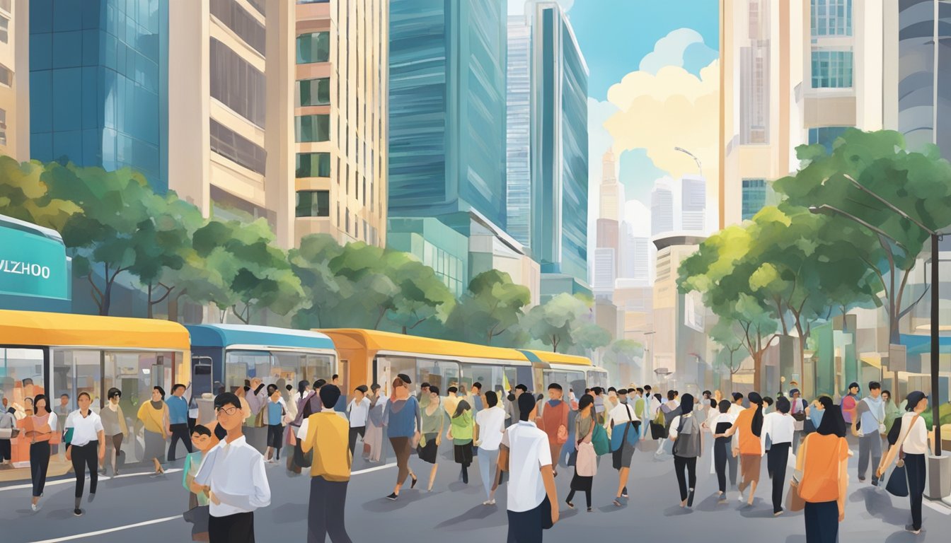 A bustling street in Singapore, with the iconic Mizuho Bank building in the background. People from diverse cultural backgrounds mingle, reflecting the vibrant community and culture of the city