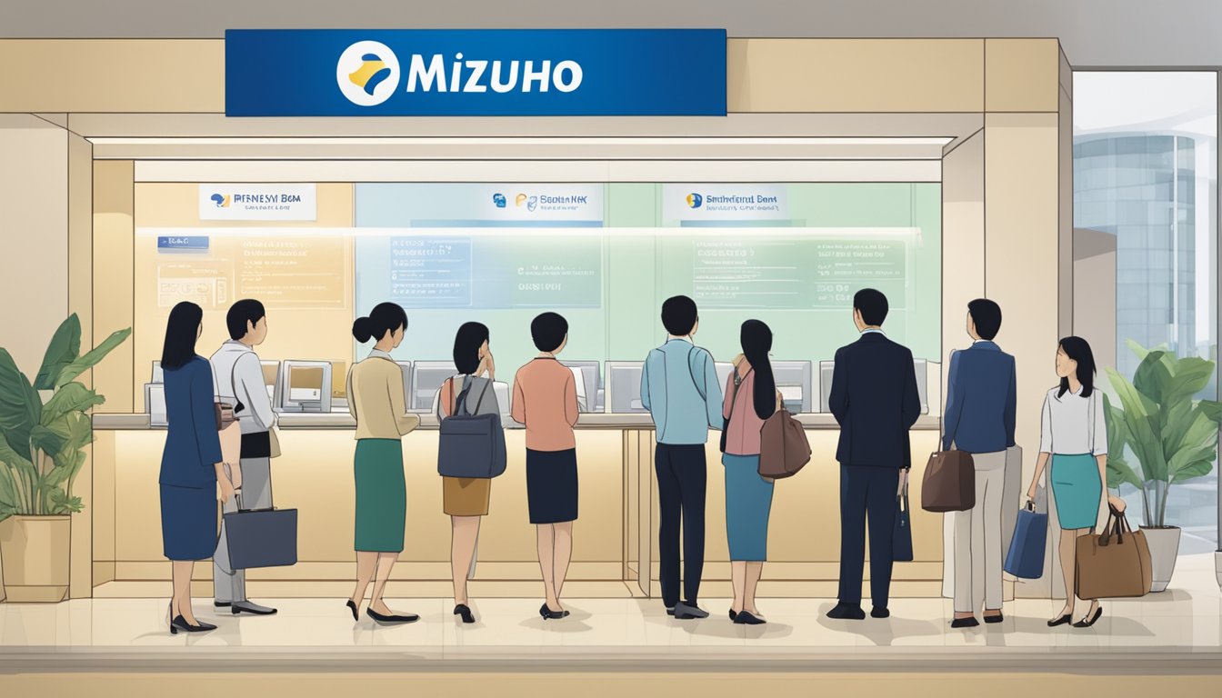 Customers line up at Mizuho Bank in Singapore, with a sign displaying "Frequently Asked Questions" prominently displayed. The bank's logo and branding are visible in the background