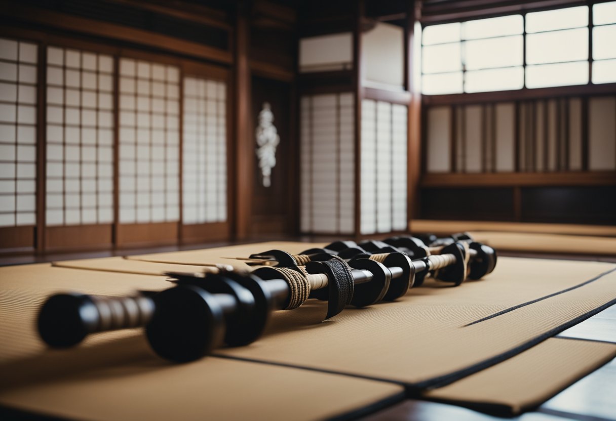 A serene dojo with traditional Japanese architecture, adorned with martial arts weapons and calligraphy scrolls, exuding a sense of discipline and respect