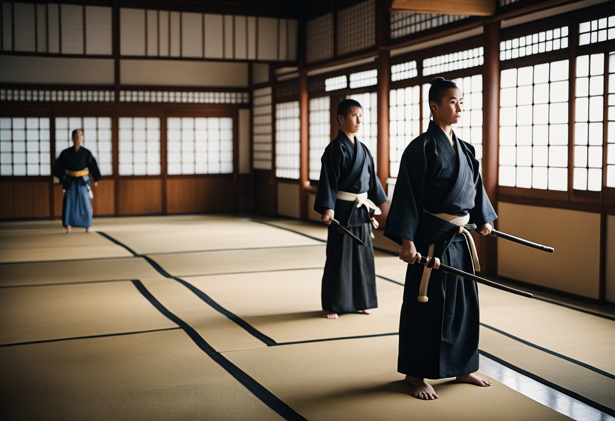 A serene dojo with traditional Japanese architecture, adorned with martial arts weapons and symbols. A sense of discipline and respect permeates the space, with students engaged in focused training under the guidance of a wise and experienced sensei