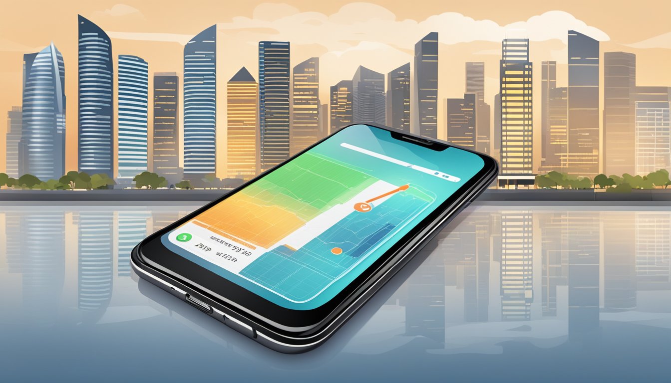 A smartphone with a trading app open, showing stock charts and market data, set against the backdrop of the Singapore skyline