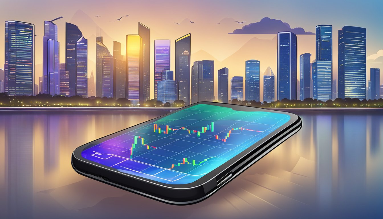 A smartphone displaying top trading apps with stock charts and trading interface, set against a backdrop of the Singapore skyline