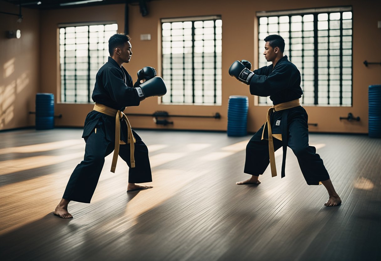 Martial artists engage in intense sparring, showcasing discipline and skill. The dojo is filled with the sound of swift movements and focused breathing