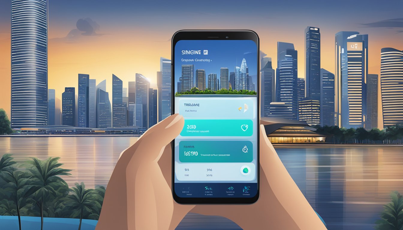A smartphone displaying the Investment Options and Markets mobile trading app against the backdrop of the Singapore skyline