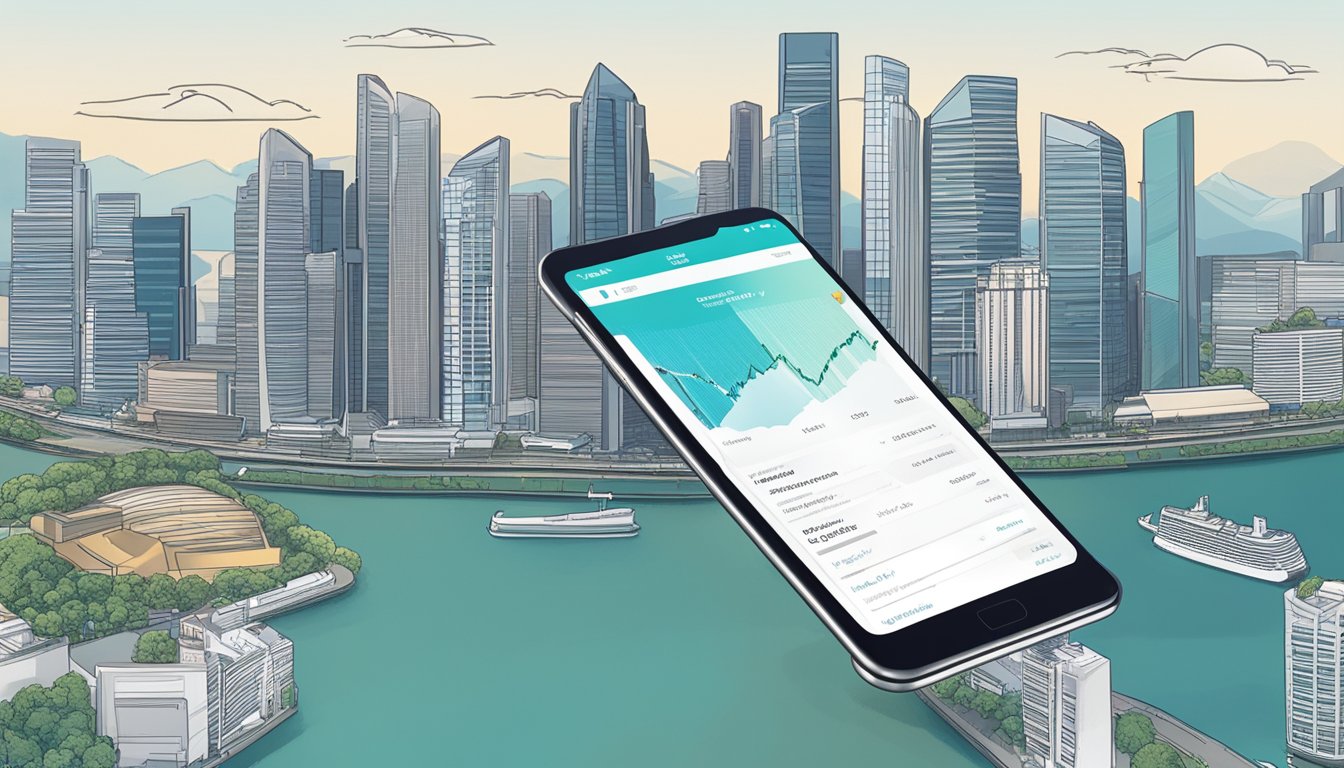 A mobile phone displaying the "Enhancing Trading with Research and Analysis" app against the backdrop of the Singapore skyline