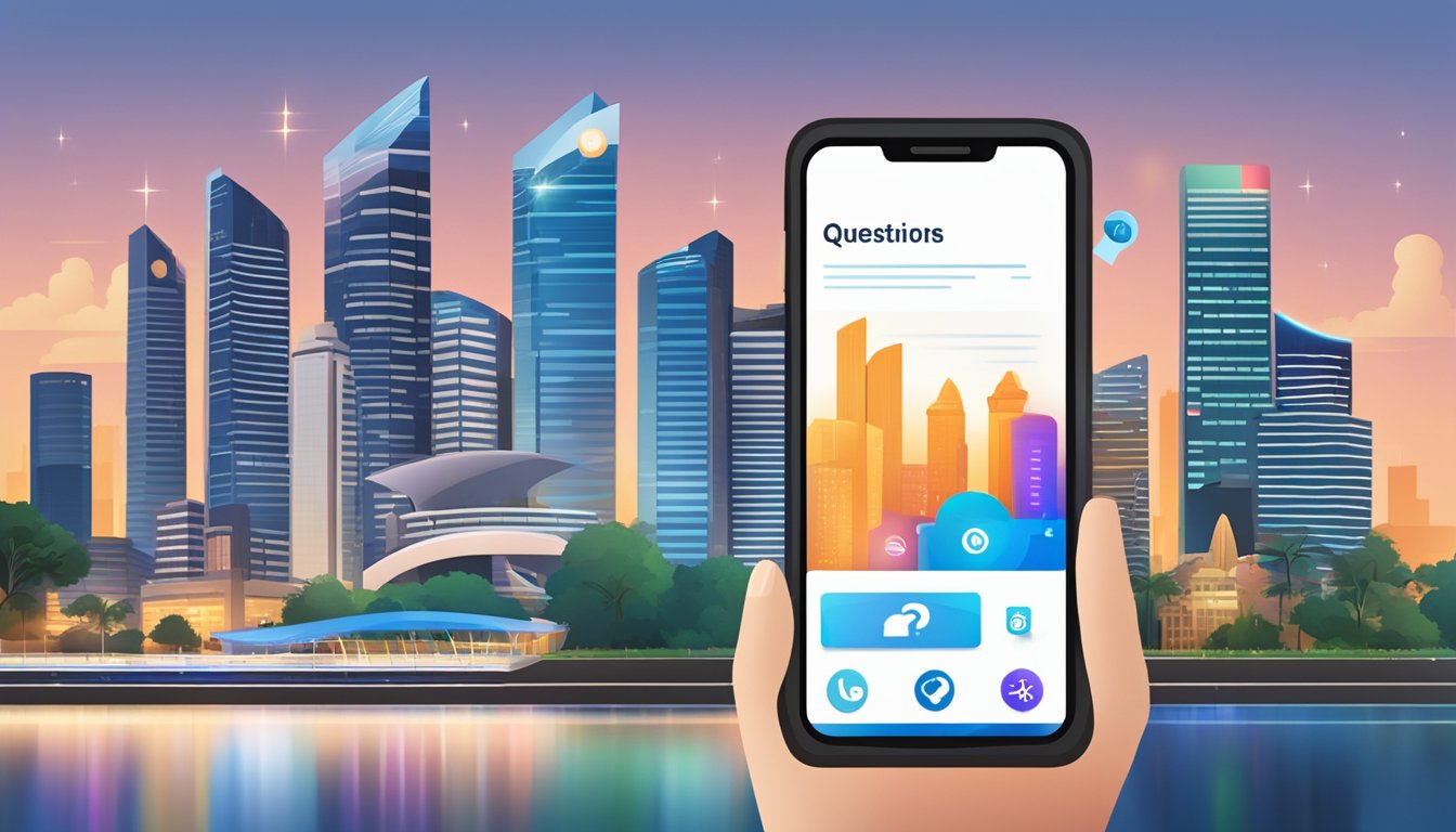A mobile phone with the "Frequently Asked Questions" trading app open, set against the backdrop of the Singapore city skyline