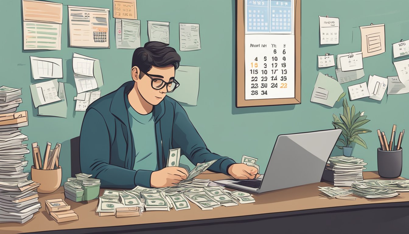 A person sitting at a desk, counting money and looking stressed. A calendar on the wall shows a date close to the end of the month