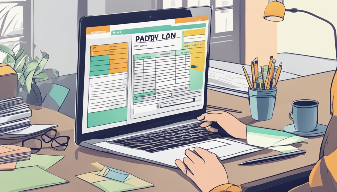 A person filling out a payday loan application form at a desk with a laptop and documents