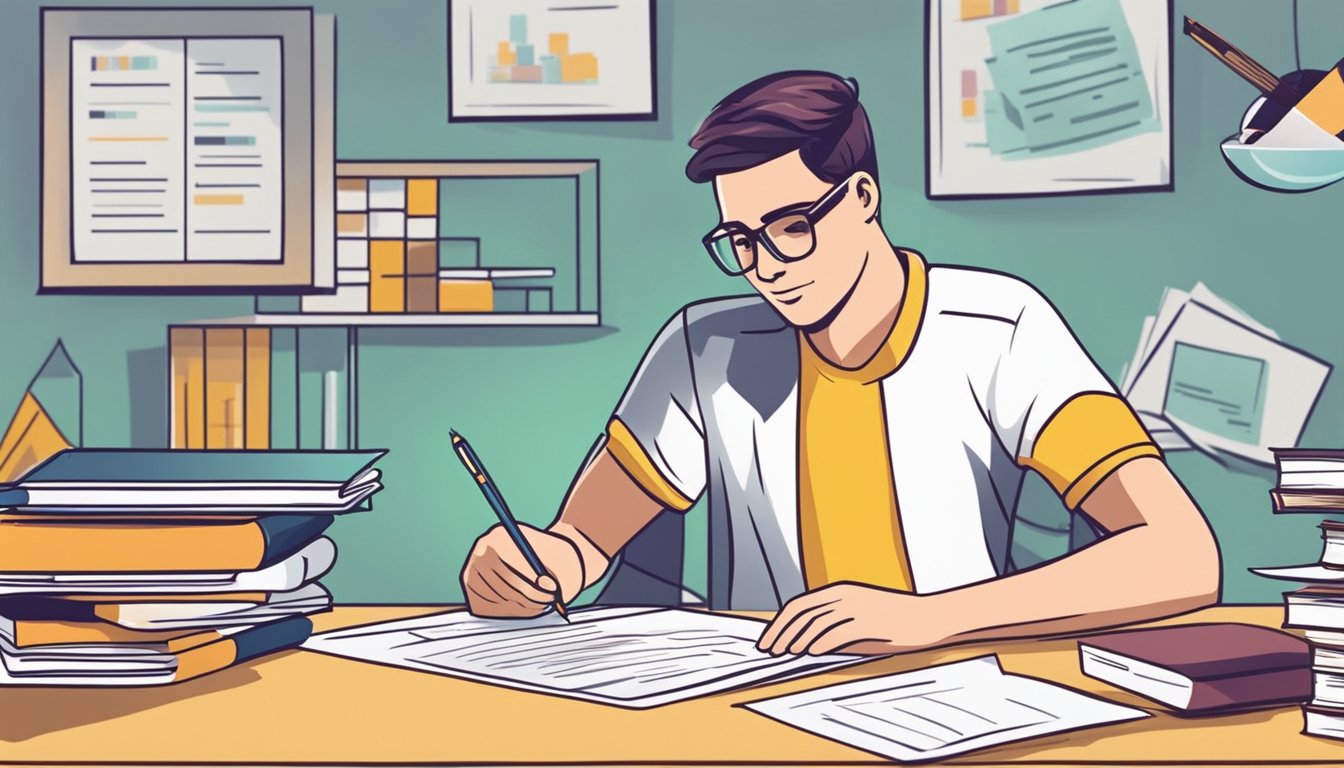 A student signing loan papers with a school fee invoice in the background