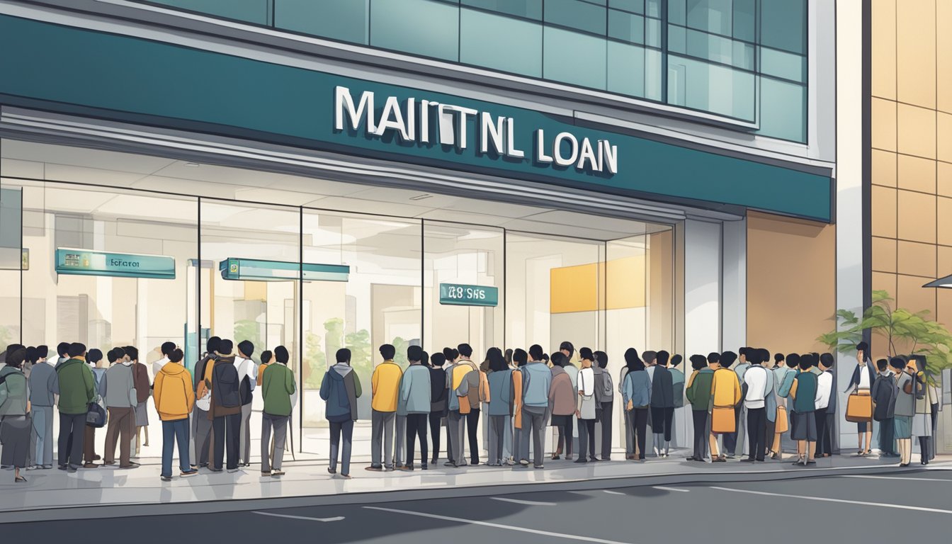 A line of people waiting outside a modern financial institution, with a sign displaying "Moe Tuition Fee Loan Singapore" prominently displayed