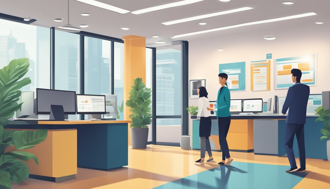 A person confidently walks into a reputable financial institution in Singapore, seeking information on alternatives to payday loans. The bright and welcoming atmosphere of the office conveys a sense of trust and reliability