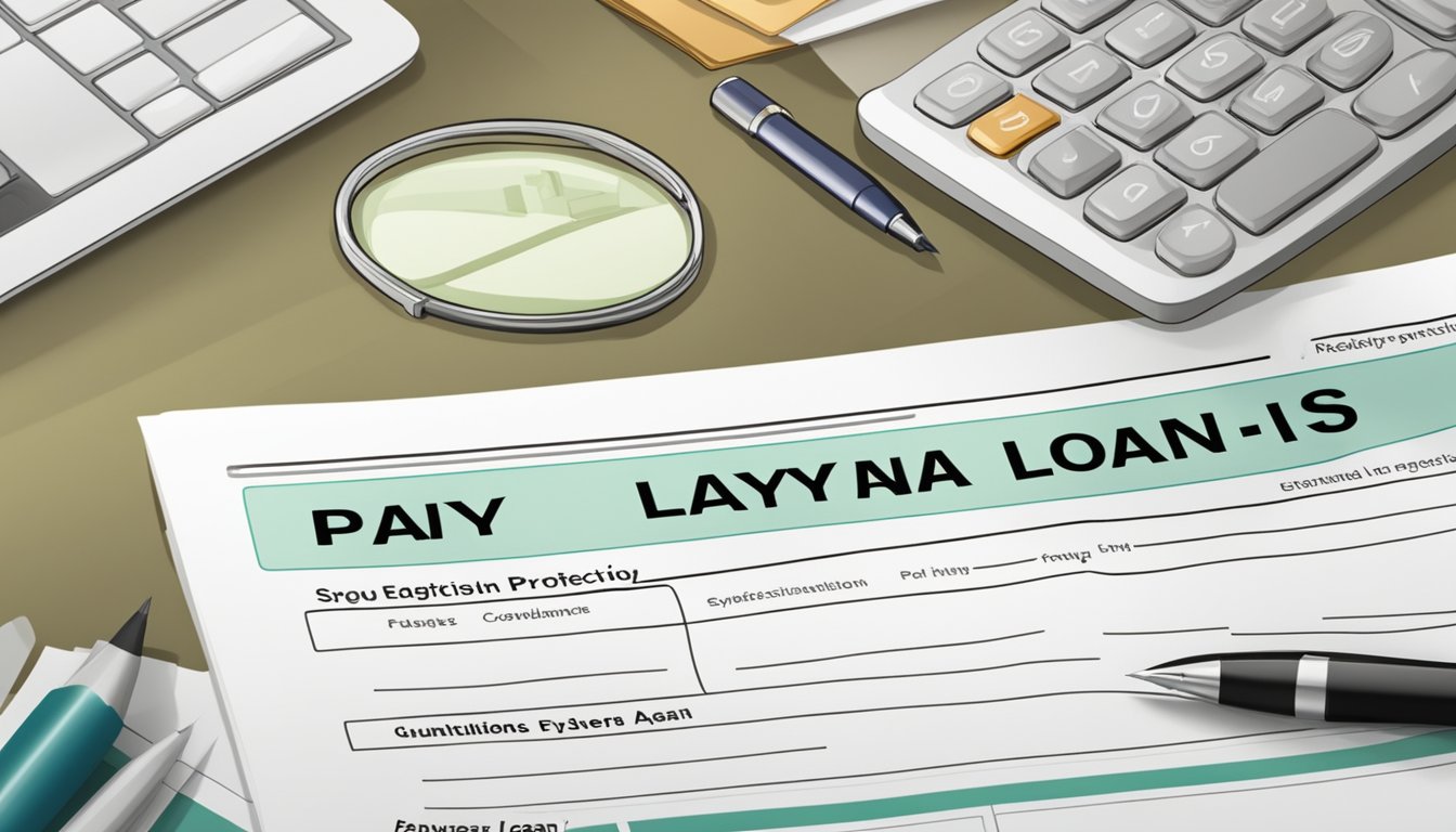 A payday loan application form being filled out with a list of regulations and consumer protection guidelines in the background