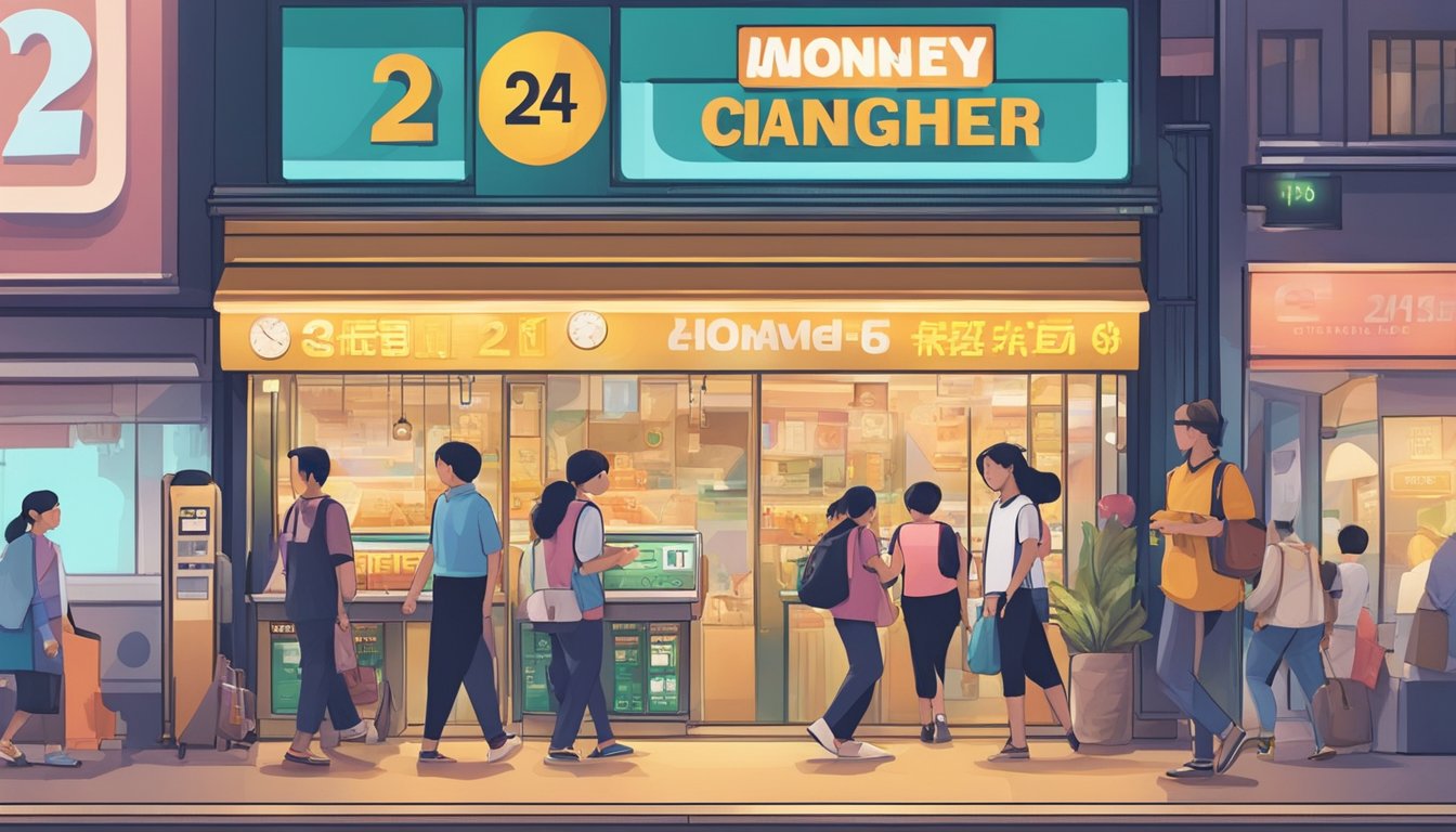 A bustling city street with a brightly lit 24-hour money changer sign in Singapore. People walking by, some exchanging currency at the counter inside