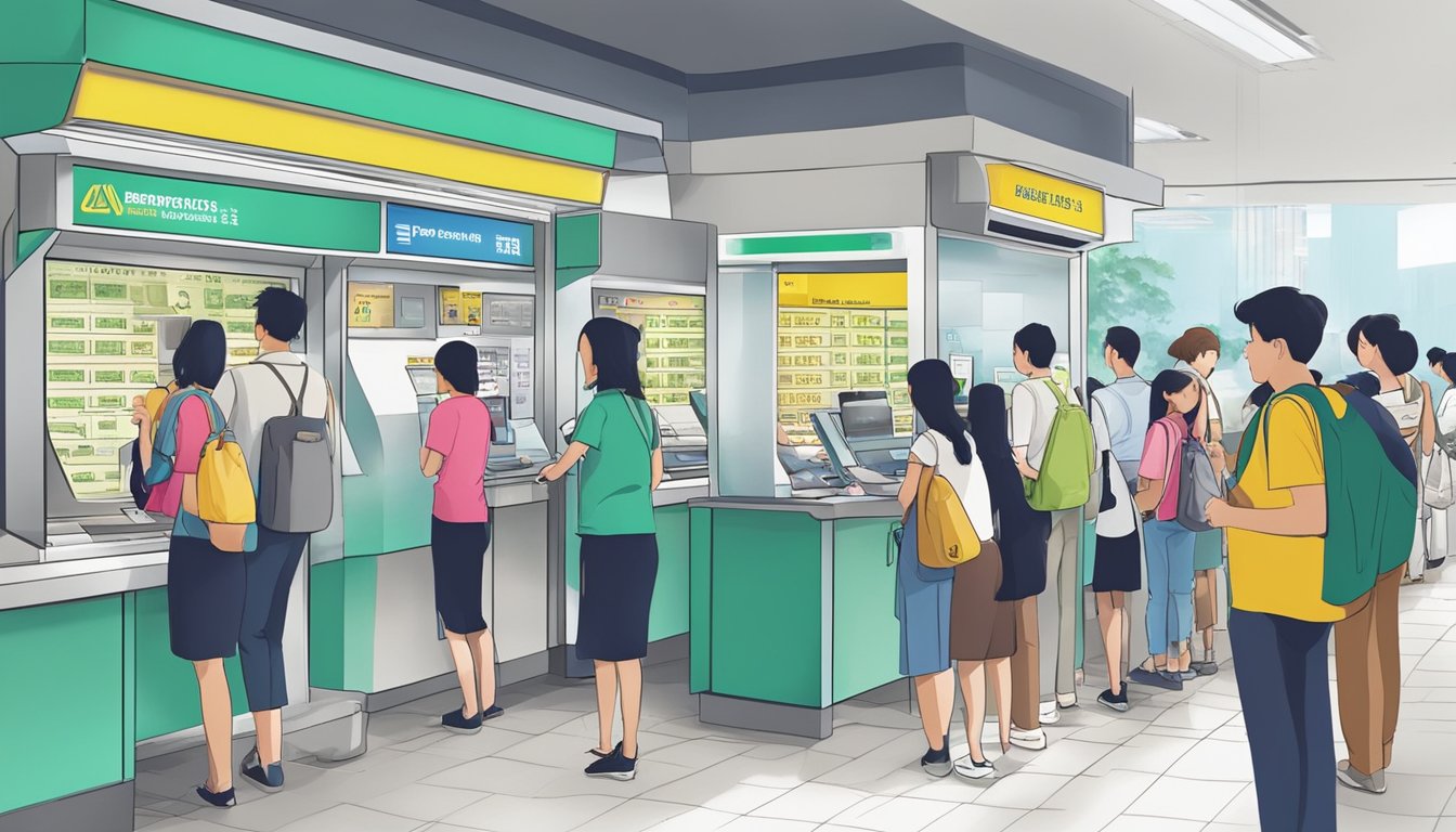 A bustling money changer booth at Woodlands MRT, with currency exchange rates displayed, customers lining up, and a busy staff member behind the counter