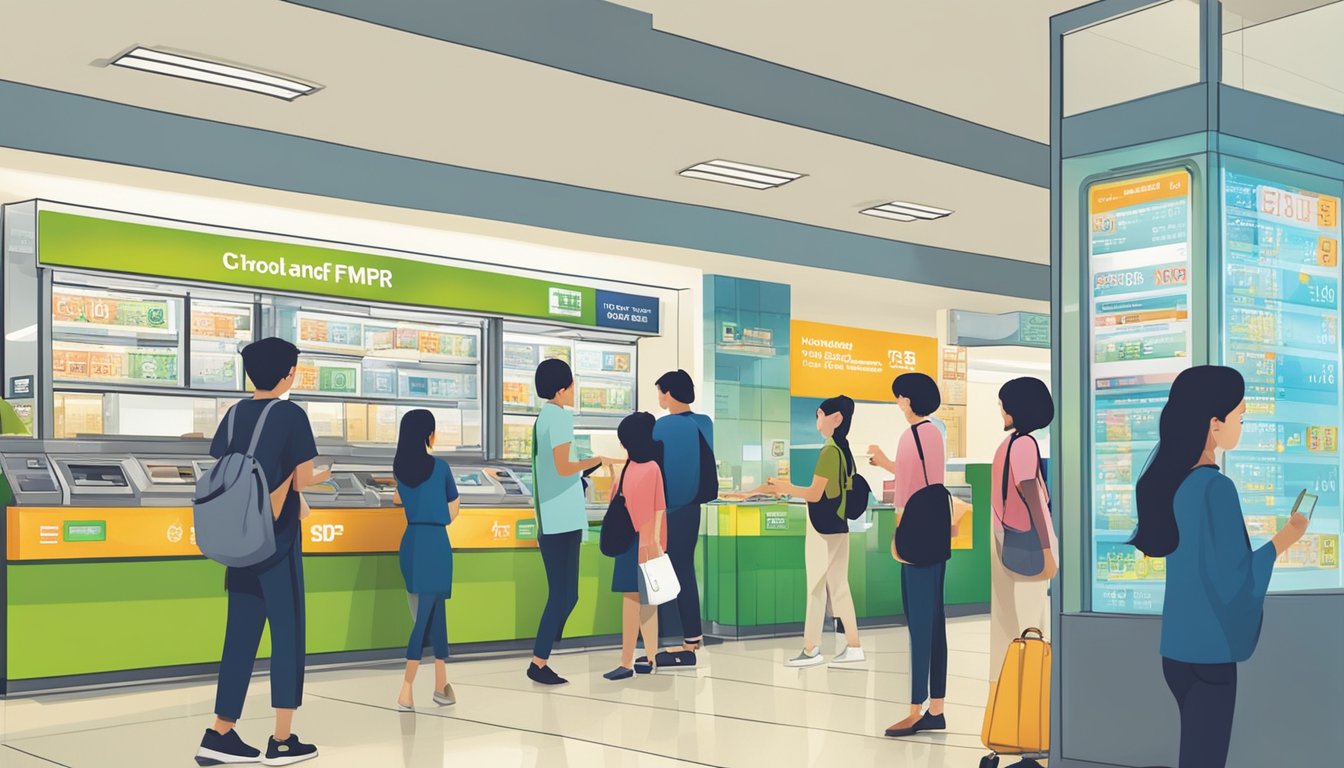 Customers exchanging currency at Woodlands MRT money changer. Brightly lit, with various currency exchange rates displayed