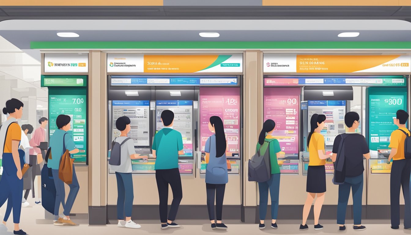 A bustling currency exchange booth at Woodlands MRT, with colorful rate boards and customers in line