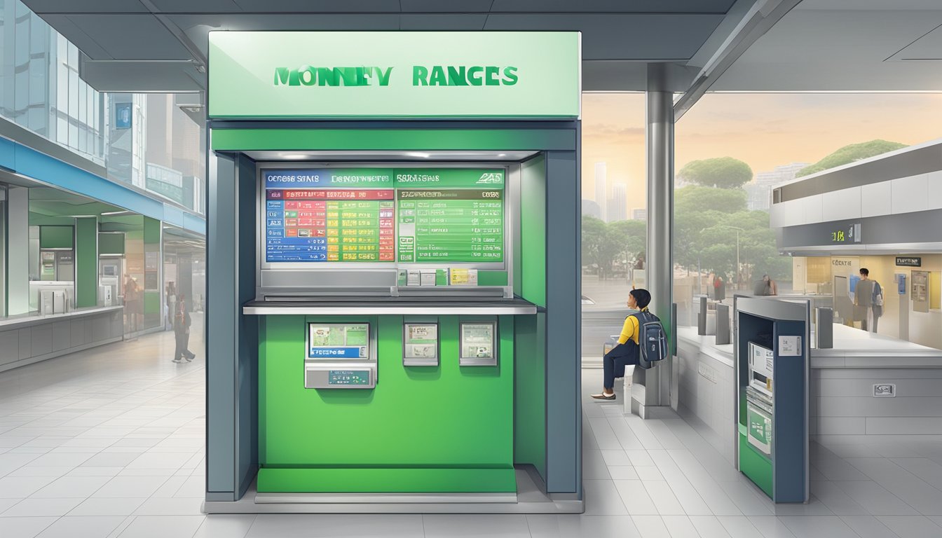 A money changer booth at Woodlands MRT station in Singapore, with a clear sign and currency exchange rates displayed on the board