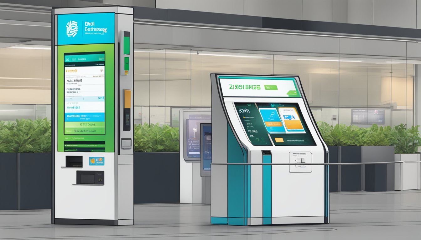 A digital currency exchange kiosk stands at Woodlands MRT station, Singapore. The machine displays real-time exchange rates and accepts various forms of digital payment