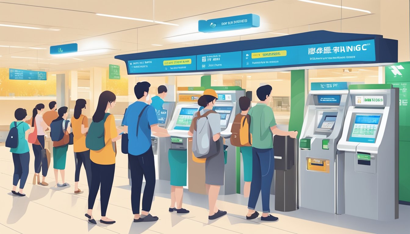 A bustling money changer kiosk at Woodlands MRT station, with customers lining up and exchanging currency. Brightly lit signboard displays exchange rates