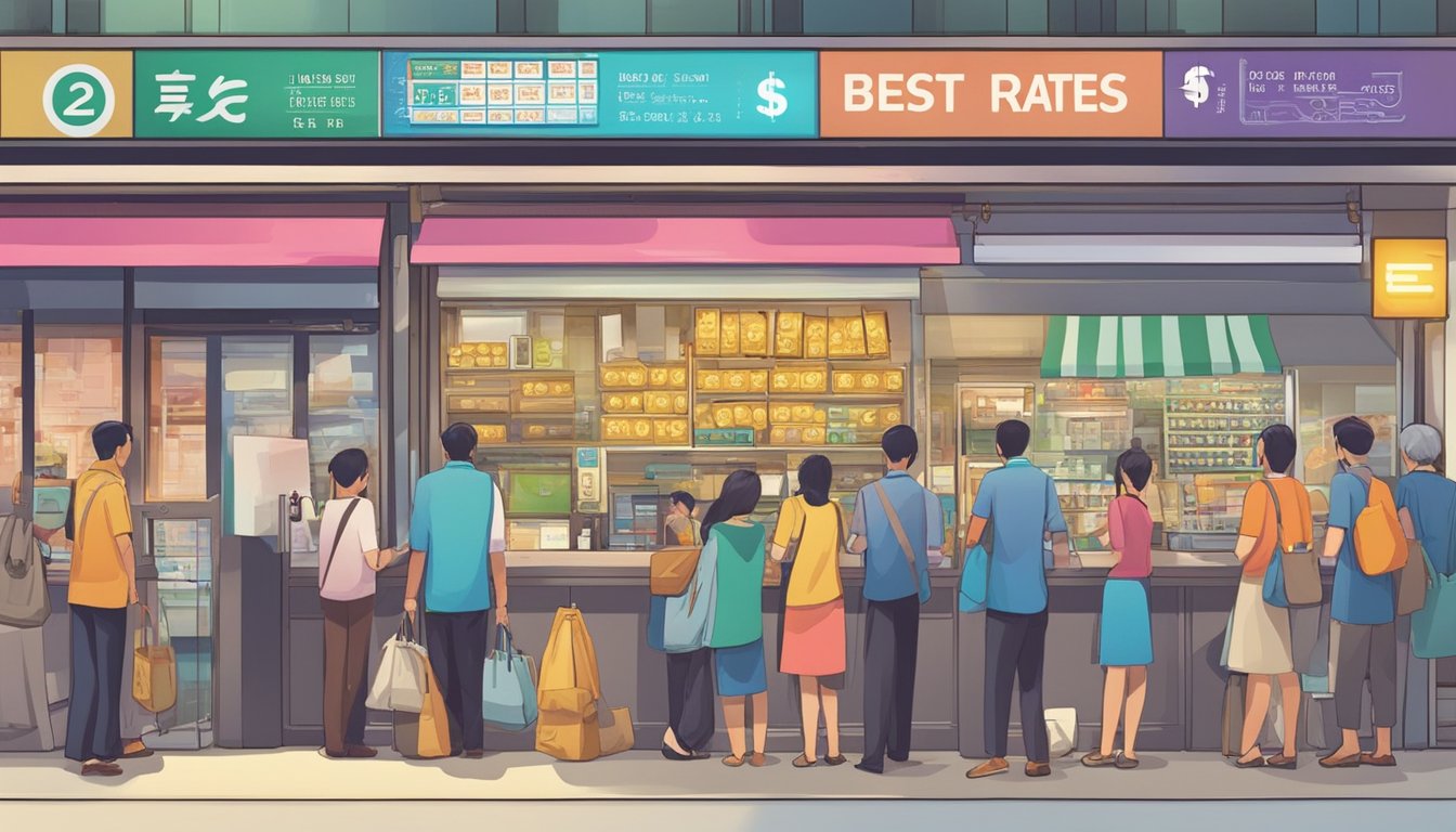 A bustling money changer in Singapore displays "Best Rates" signs, with a queue of customers exchanging currency. Brightly colored currency notes and coins are visible on the counter