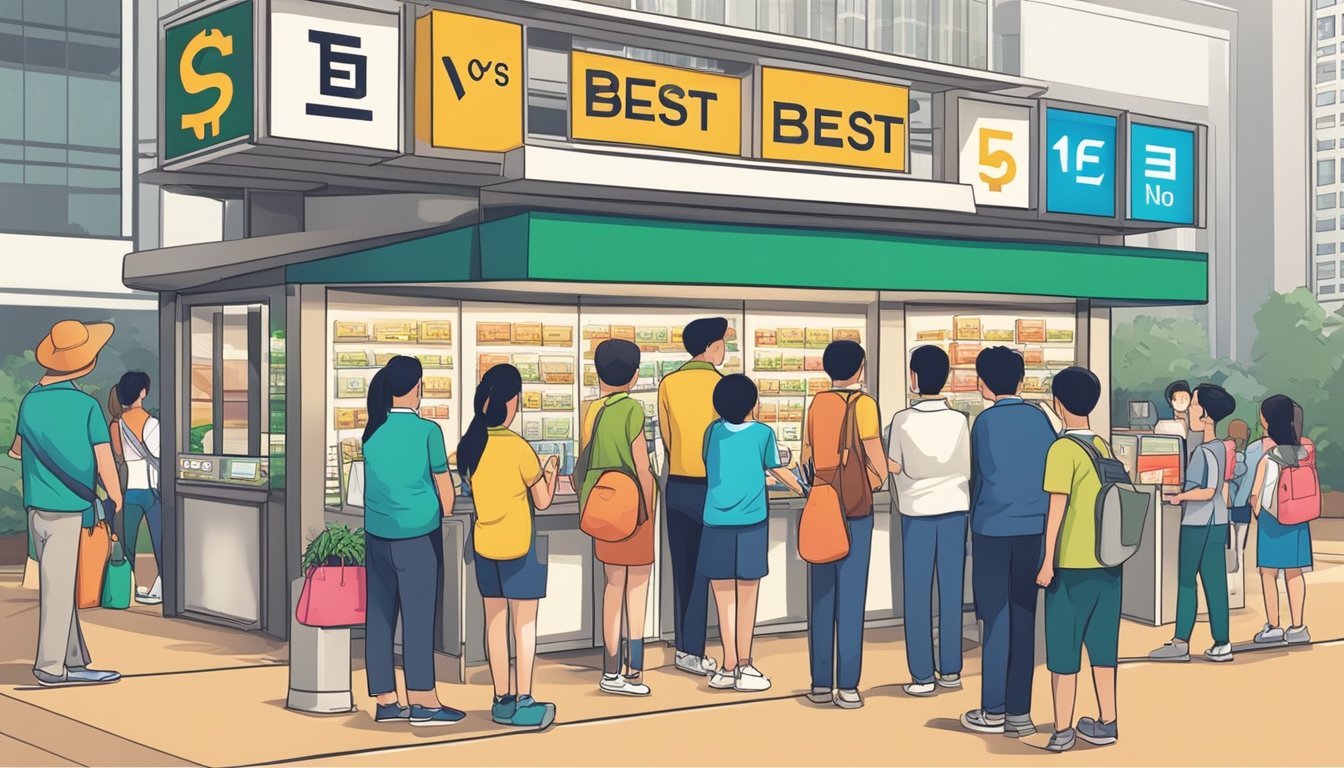 A currency exchange booth in Singapore displays "best rates" sign. Customers line up with various currencies in hand