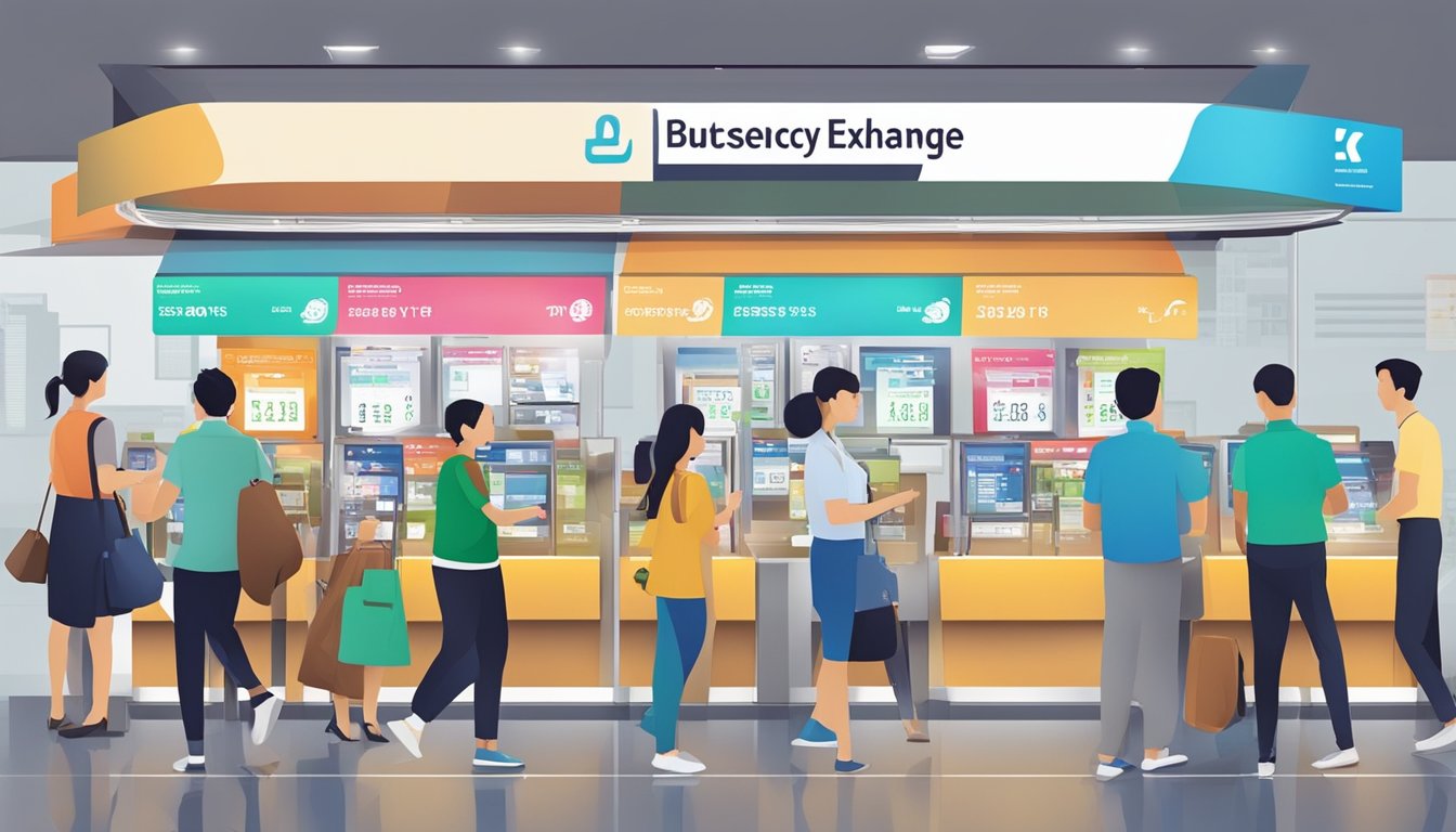 A bustling currency exchange booth in Jurong, Singapore, with colorful display boards and a steady flow of customers