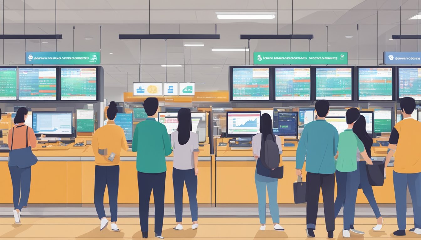 A bustling digital currency exchange in Jurong, Singapore, with screens displaying live market rates and customers completing transactions at the counter