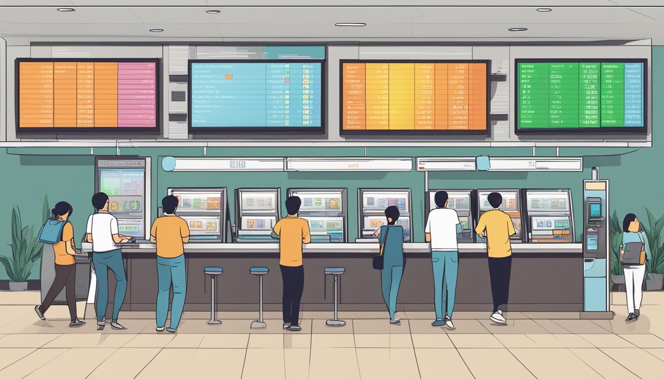 A bustling money changer in Jurong, Singapore, with colorful currency displays and a digital exchange rate board. Customers line up at the counter while staff assist with transactions