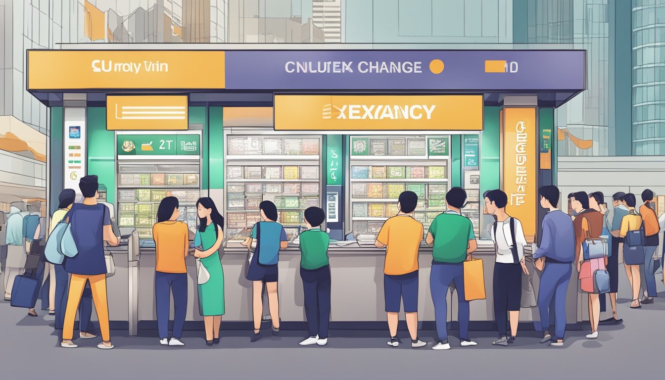 A bustling currency exchange booth in Raffles Place, Singapore, with various currency symbols displayed and a queue of customers waiting to exchange money