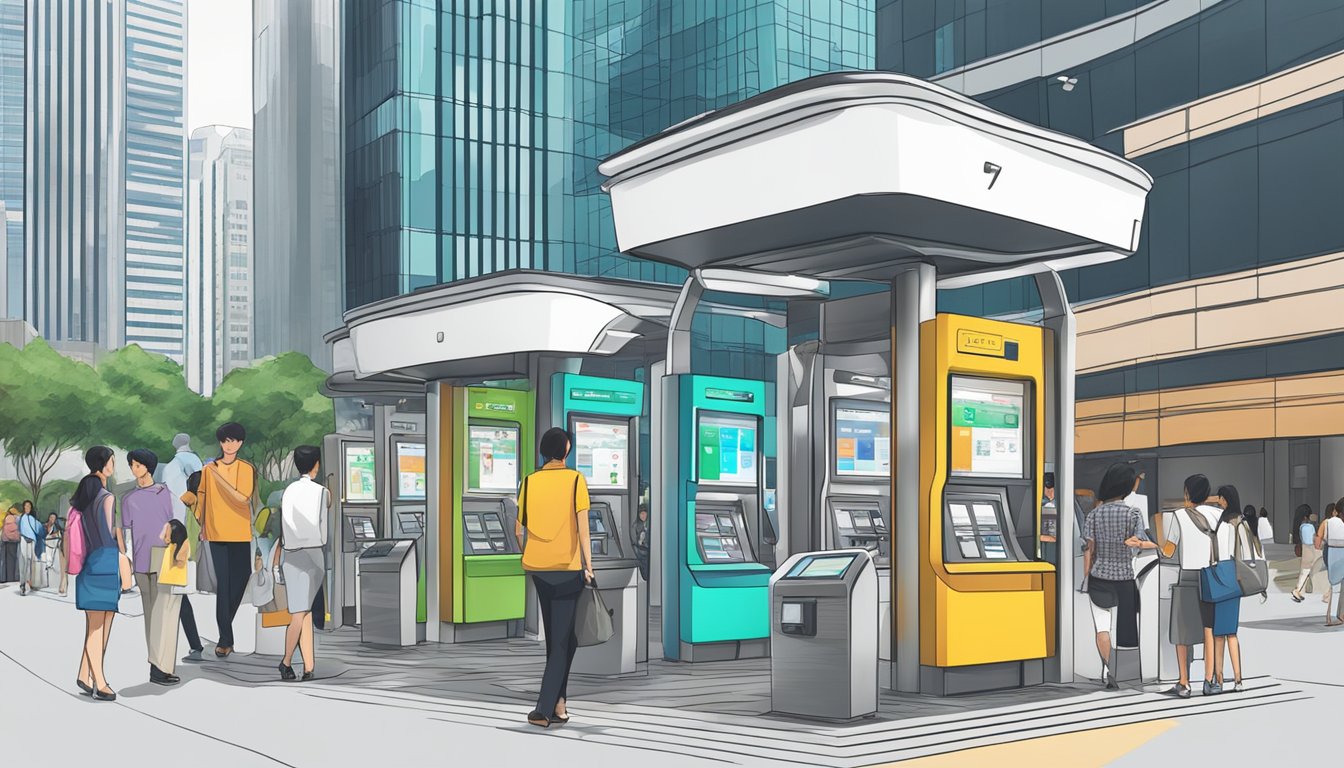 A bustling financial district with modern digital money changing kiosks in Raffles Place, Singapore
