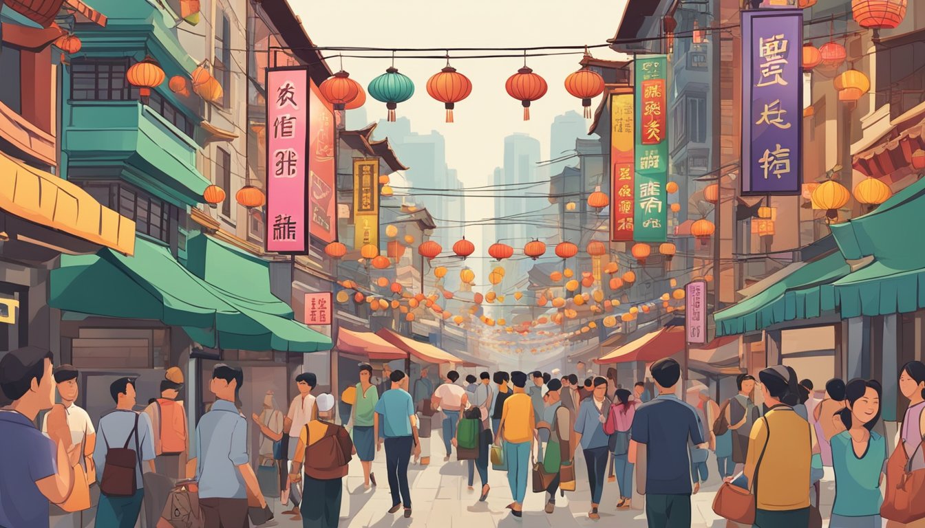 A bustling Chinatown street with colorful exchange rate signs, people exchanging money, and bustling activity