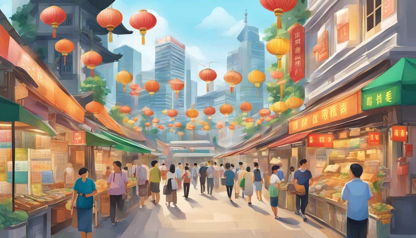 A bustling Chinatown street with colorful currency exchange booths and signs, depicting the diverse range of currencies and offering exchange tips in Singapore